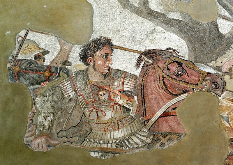 Alejandro y Bucfalo en combate en la batalla de Issus representada en el mosaico de Alejandro.