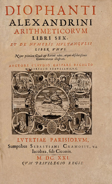 Portada de Arithmetica. Edicin de 1621. Traducido al latn por Claude Gaspard Bachet de Mziriac.