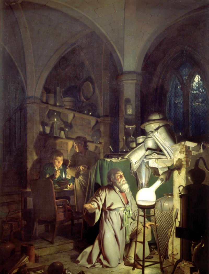 El alquimista, en busca de la piedra filosofal. Pintura de Joseph Wright de Derby, ao 1771.