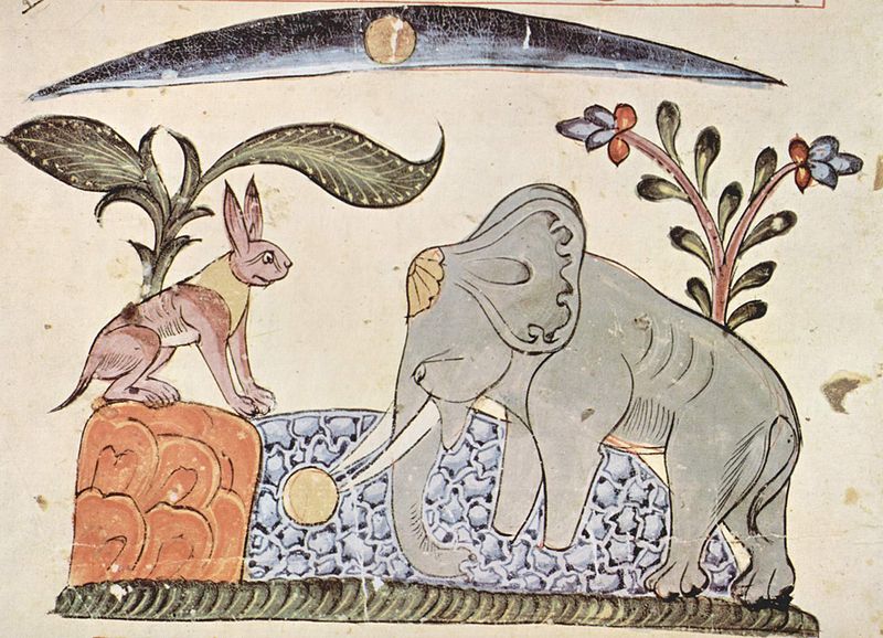 Ilustracin de una edicin siria del Panchatantra del ao 1354. El conejo engaa al rey de los elefantes al mostrarle el reflejo de la Luna.