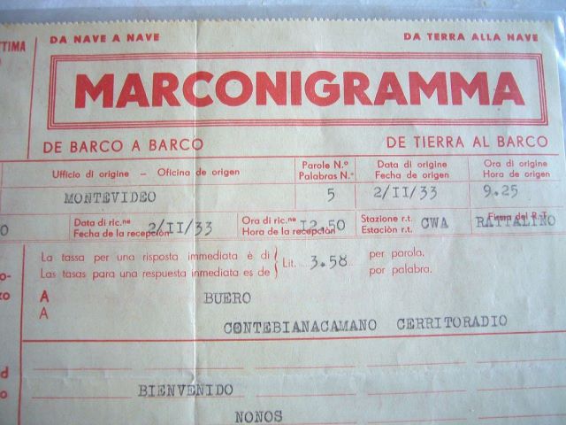Marconigrama trasmitido por la estacin costera uruguaya CWA, Cerrito Radio. Ao 1933. (Coleccin Horacio Nigro Geolkiewsky  LGdS).