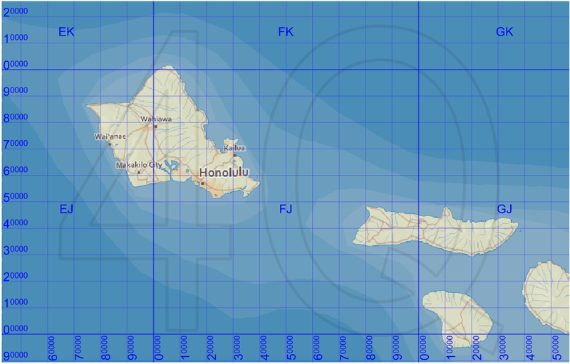 La cuadrcula de MGRS alrededor de Hawaii. Honolulu se encuentra el cuadrado de 10 km que se llama 4QFJ15.