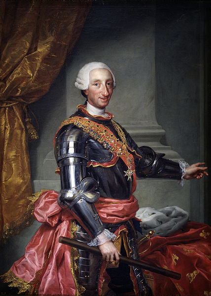 Rey Carlos III de Espaa, retrato del ao 1765 por Anton Raphael Mengs, se ubica actualmente en el Museo del Prado.