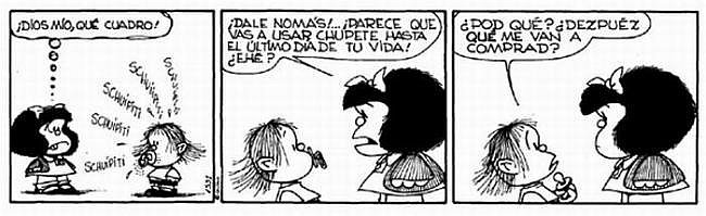 Vieta humorstica de Mafalda donde Quino (su creador) emplea cacografas cuando habla el beb.