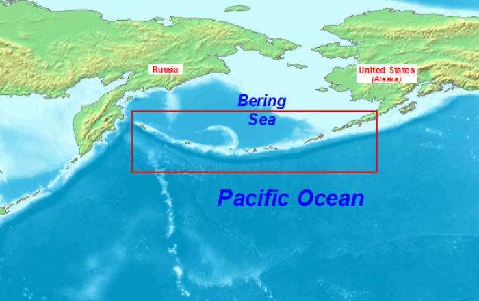 Las Islas Aleutianas se ubican en el rectngulo rojo