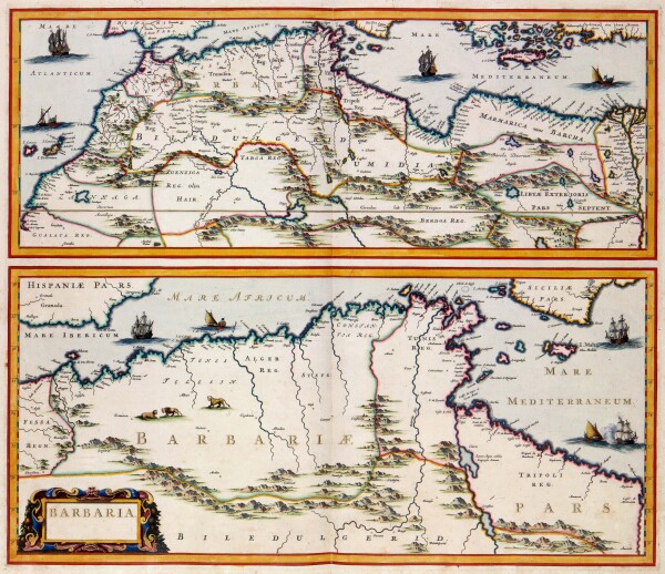 Un mapa del siglo XVII del cartgrafo holands Jan Janssonius que muestra la Costa de Berbera, en este mapa nomenclado Barbaria