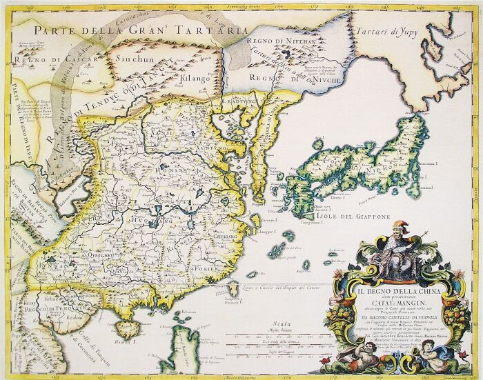 Antiguo mapa de China (en italiano): El Reino de China, actualmente llamado Catay y Mangin, dividido en sus principales provincias en un mapa muy preciso