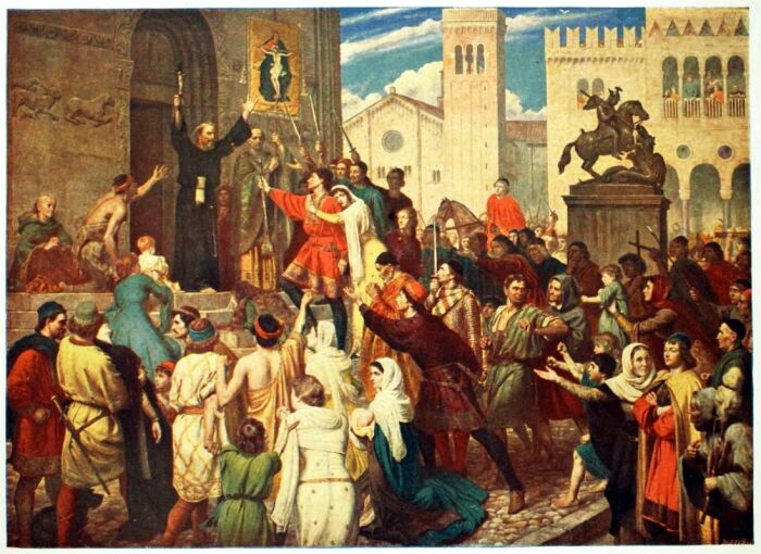 Pedro el Ermitao predicando la Primera Cruzada - Del cuadro de James Archer - de Cassell's History of England, Vol. I - autor y artistas annimos.