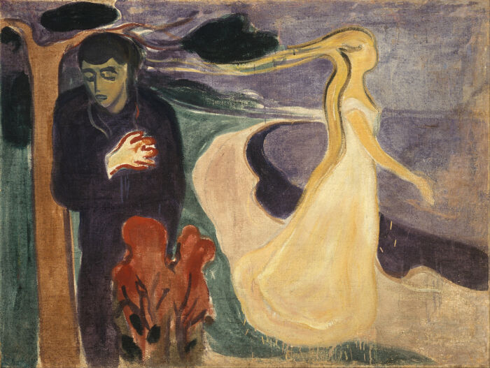 Historia del divorcio: La separacin (1892-1894) - Edvard Munch: En esta obra, se muestra a una pareja en posicin opuesta, pareciendo que estn en medio de una discusin o separacin. Aunque no se menciona explcitamente el divorcio, Munch era conocido por abordar temas de conflicto y angustia emocional en sus obras.