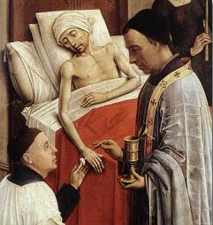 Detalle de Los Siete Sacramentos (1445) de Rogier van der Weyden mostrando el sacramento de la extremauncin.