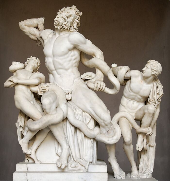 Grupo escultrico: Laocoonte y sus hijos. Mrmol copia de un original helenstico del 200 aC aproximadamente. Procedencia: Termas de Trajano, a principios de 1507.