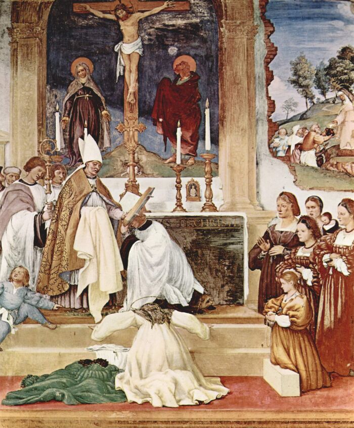 Obispo católico que concede indulgencias plenarias al público en tiempos de calamidad. Fresco mural del artista italiano Lorenzo Lotto, Suardi, Italia, hacia 1524