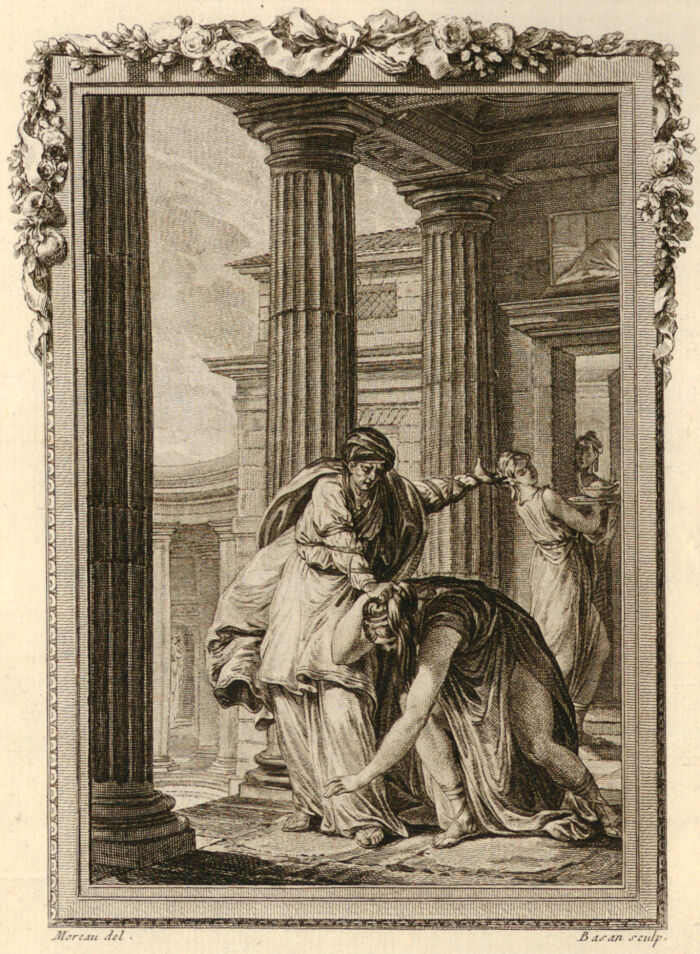 Lucina ataca Galantis a la puerta de Alcmena