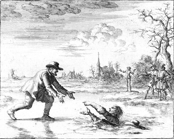 Dirk Willems (foto) salva a su perseguidor. Este acto de piedad hizo que lo recapturaran, tras lo cual fue quemado en la hoguera cerca de Asperen (grabado de Jan Luyken en la edicin de 1685 de Martyrs Mirror)