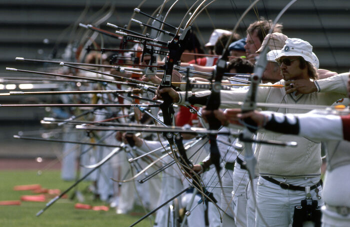 Competicin de tiro con arco en Mnchengladbach en Alemania. Junio 1983