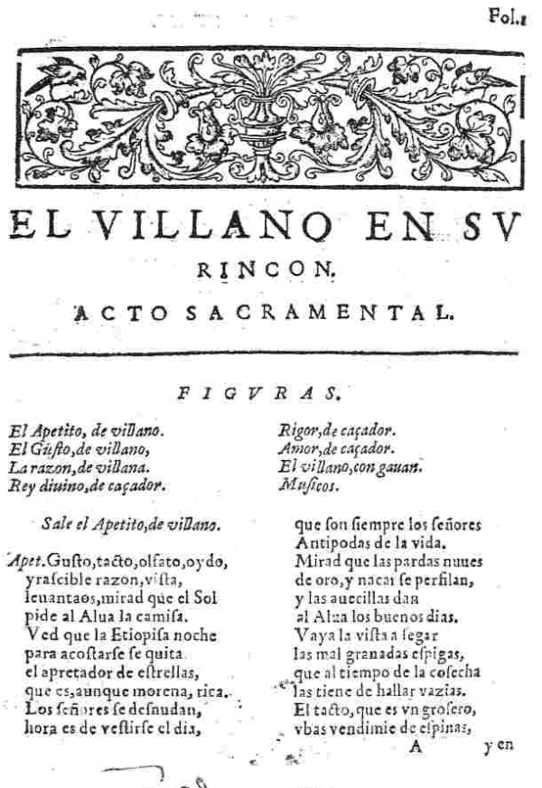 Primera pgina de El villano en su rincn, un auto sacramental de Lope de Vega publicado por primera vez en 1617.