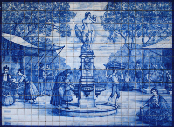 Azulejos de cermica (Azulejo) con una escena de mercado en la pared del Mercado dos Lavradores, Funchal, Madeira, Portugal