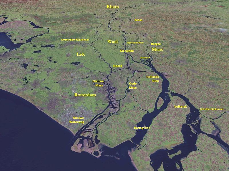 La parte baja del delta Rin-Mosa donde se aprecia Haringvliet, un brazo de mar. El Haringvliet es un brazo de mar del mar del Norte, localizado en la costa neerlandesa de la provincia de Holanda Meridional, un importante estuario del delta del Rin-Mosa-Escalda.