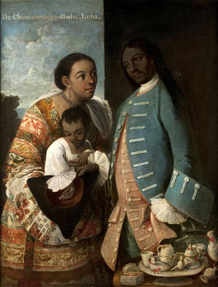 Escena de mestizaje (pintura de castas): De chino cambujo e india, loba. 1763. Museo de Amrica, Madrid, Espaa.