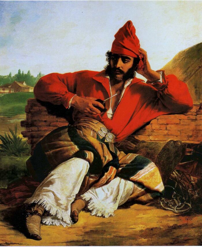 Soldado de la guardia de Rosas, autor: Raymond Monvoisin (1870), El color rojo de la chaqueta y del gorro, adems de ser el color federal, sirve para poner en evidencia el chirip y la nota blanca de los calzoncillos cribados. 