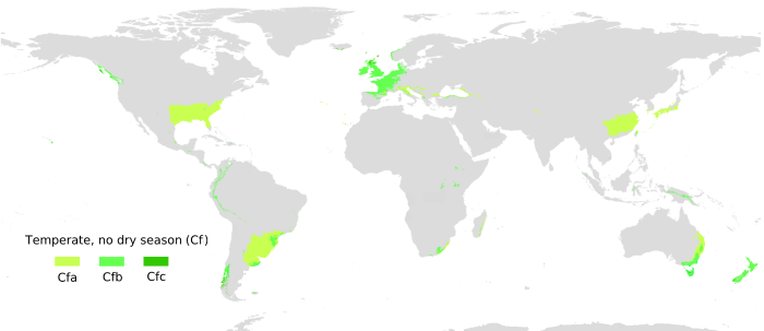 Mapa global del clima templado o de latitudes medias, hmedo (sin estacin seca) y de influencia ocenica (no continental), clasificado como Cf de acuerdo al sistema de Kppen-Geiger. Periodo 1980-2016
