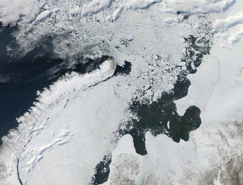 Costas del Mar de Kara, al norte de Rusia. Vista satelital.