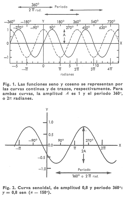 La curva seno, ecuacin y = sen x, es cero si x = 0 y oscila entre un valor mximo de ms uno ( + 1) para x = 90 o π/2 radianes, y un valor mnimo de menos uno ( -1) para x = 270 o 3π/2 radianes. La curva se repite, para los valores positivos y negativos de x, a intervalos de 360 o 2π radianes, amplitud que constituye por eso el periodo de la funcin (fig. 1).
