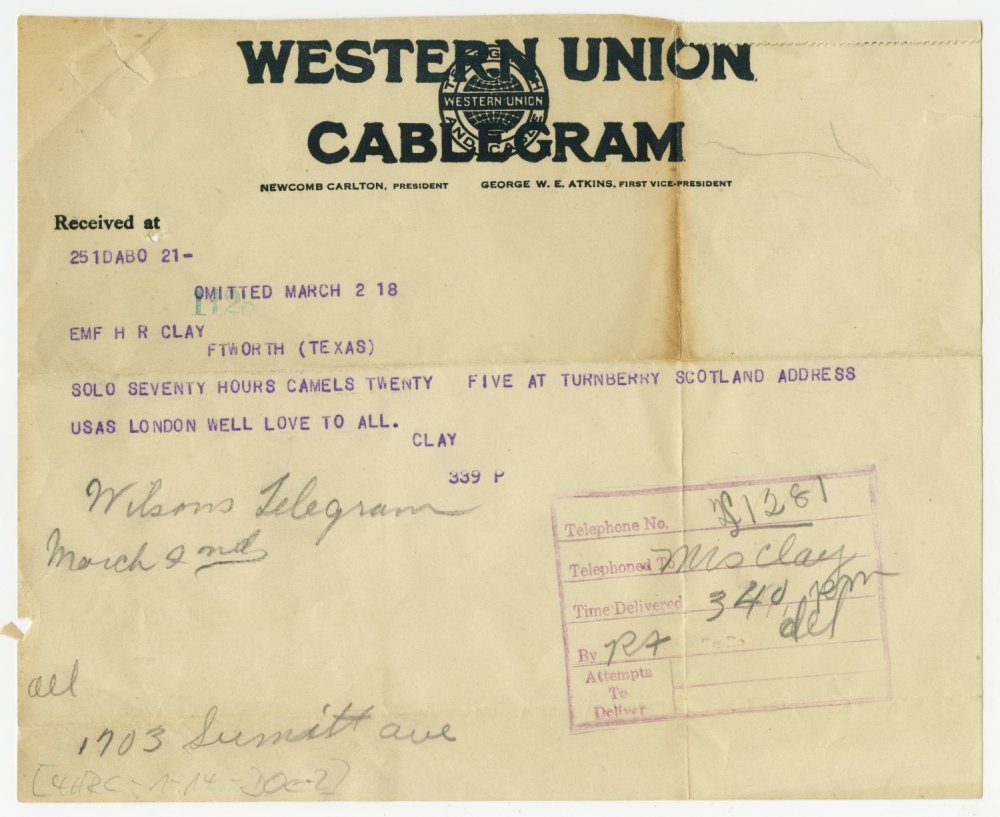 Ejemplo de un cablegrama del ao del 2 de marzo de 1918 de Henry Clay, Jr. a su madre.