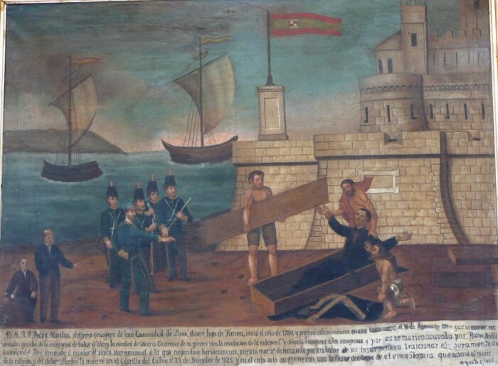 Escena del padre Pedro Marieluz Garcs (1825) en el fuerte de Callao (Per) con un texto por debajo que tiene borrones y enmendaduras