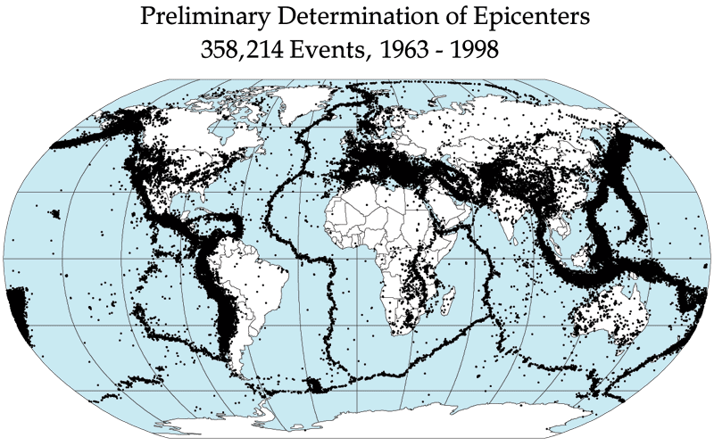 Imagen que muestra 358214 eventos ssmicos entre 1963 y 1998. Los epicentros de terremotos ocurren principalmente a lo largo de los lmites de las placas tectnicas, y especialmente en el Anillo de Fuego del Pacfico.