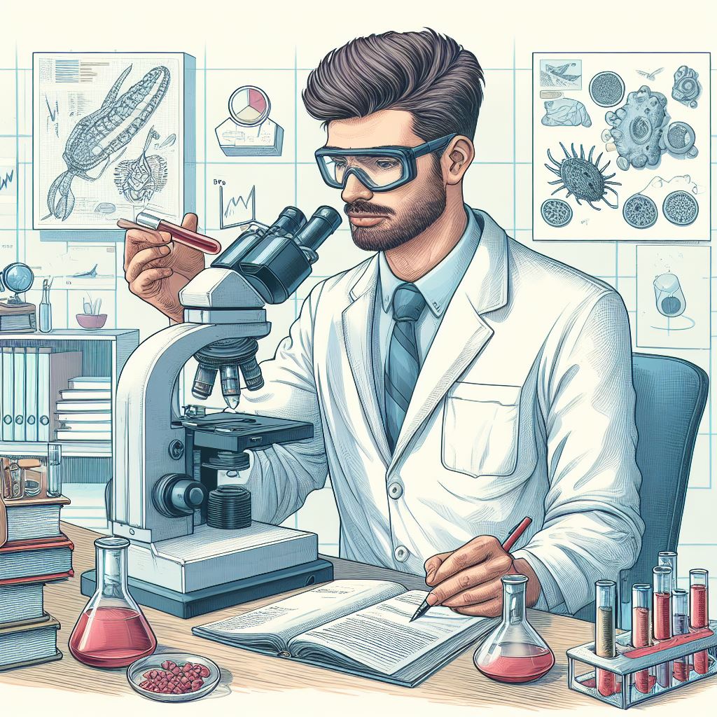 Un bilogo moderno estudiando hechos biolgicos en su microscopio