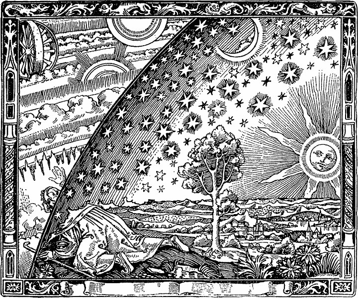 El grabado de Flammarion (1888) representa a un hombre arrastrndose bajo el borde del cielo, representado como si fuera un semiesfera slida, para mirar al misterioso Empyrean ms all. La leyenda debajo del grabado (no mostrada aqu) se traduce como: Un misionero medieval dice que ha encontrado el punto de encuentro entre el cielo y la tierra...