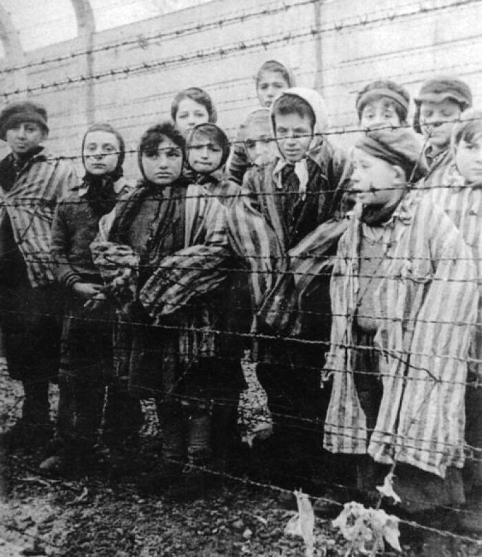 Nios sobrevivientes del Holocausto filmados pocos das despus de la liberacin del campo de concentracin de Auschwitz por el Ejrcito Rojo, enero de 1945. Fotografa fija de metraje filmado por Alexander Voroncov de la unidad de filmacin del Primer Frente Ucraniano. Parte del pequeo porcentaje de nios que no fueron asesinados inmediatamente al llegar al campo, este grupo incluye a gemelos judos que haban sido mantenidos con vida para ser utilizados en experimentos por el Dr. Josef Mengele. Siete de los nios Gabi Neumann, Marta Weiss, Bracha Katz, Tomy Shacham, Erika Dohan y los hermanos Shmuel y Pavel (Palo) Schelach eran de Eslovaquia.