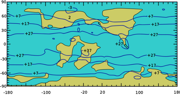 Ejemplo de isotermas de una simulacin por computadora de la temperatura de la superficie terrestre durante el Cretcico medio (100 millones de aos atrs). El modelo predice que la temperatura global promedio era unos 4,8 C ms alta que ahora. Dibujado a partir de Willis y McElwain 2002, a su vez redibujado de Barron y Washington 1984