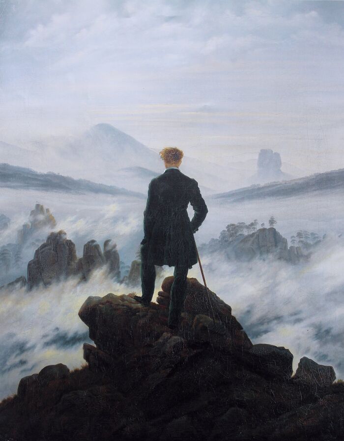 El caminante se erige como una figura de espalda en el centro de la composicin. Mira hacia abajo a un mar de niebla casi impenetrable en medio de un paisaje rocoso, una metfora de la vida como un viaje siniestro hacia lo desconocido.