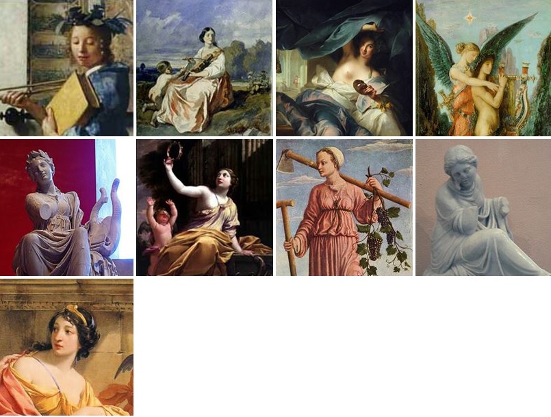 Las nueve musas griegas de Beocia, de izquierda a derecha y de arriba a abajo: Clio, Euterpe, Talia, Melpomene, Terpsicore, Erato, Polimnia, Urania, Caliope.