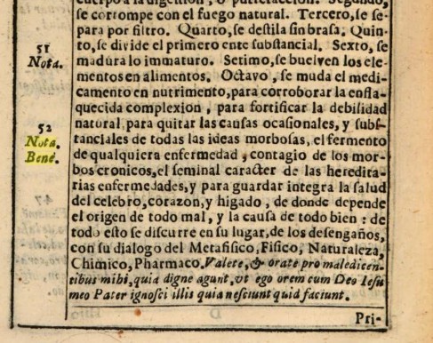 Nota Bene empleado en el libro Real filosofia, vida de la salud temporal de 1692.
