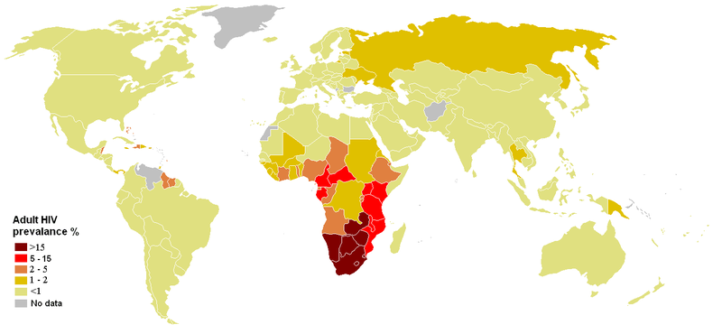 Prevalencia estimada del VIH/SIDA entre los adultos jvenes (15 a 49 aos) por pas en 2008.