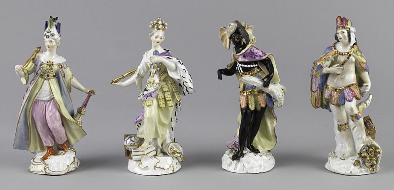 Conjunto de figuras de porcelana de personificaciones de los cuatro continentes, Alemania, c. 1775, de izquierda a derecha: Asia, Europa, frica, Amrica.