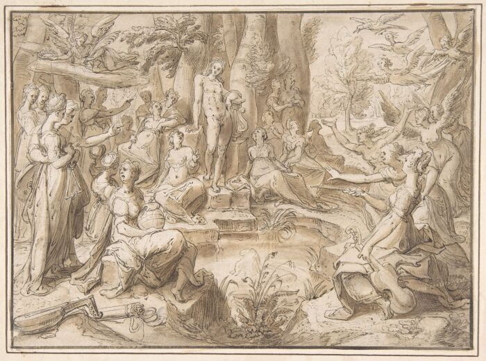 El desafo de las Pierides, de la metamorfosis de Ovidio - dibujo de <br />
Karel van Mander the Elder (15481606)