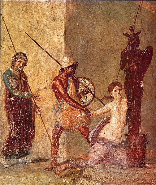 yax el Menor saca a Cassandra del Palladium. Detalle de un fresco romano en el atrio de la Casa del Menandro (I 10, 4) en Pompeya.