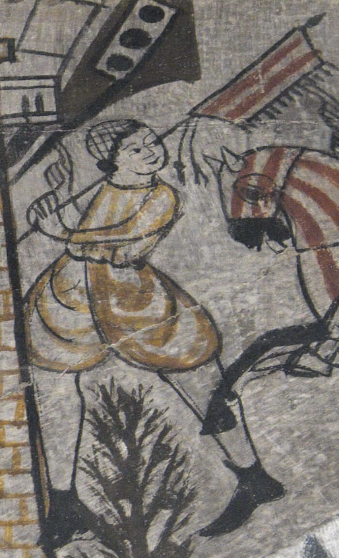 Hombre musulman o Mozrabe usando Zaragelles en la conquista de Valencia, pinturas de Alcaiz Castillo Convento, principios del siglo xiv