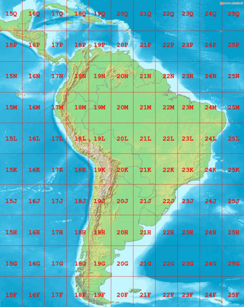 Mapa de Amrica del Sur, que muestra las zonas de latitud y longitud del sistema de coordenadas en:Universal Transverse Mercator, de 15F a 25Q.