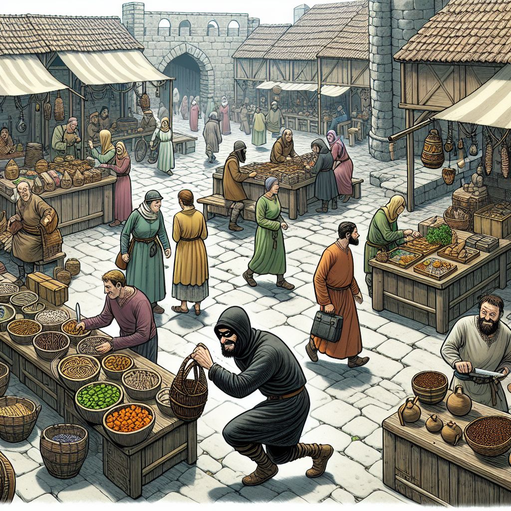 lepar: Lepar es un verbo anticuado: usar artes y engaños para robar. - Ilustración de un antiguo mercado medieval, donde se ve un ladrón intentando robar algo de una tienda.