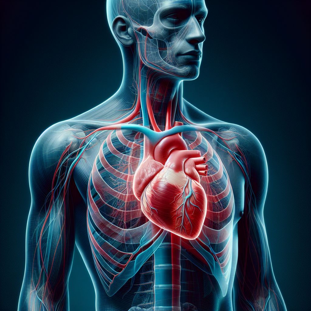 precordial: - Ilustración anatómica de un pecho humano con el área precordial resaltada, mostrando un corazón detrás, sin etiquetas.