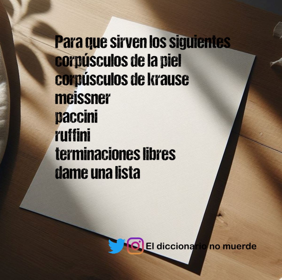 Para que sirven los siguientes corpúsculos de la piel
corpúsculos de krause
meissner
paccini
ruffini
terminaciones libres
dame una lista
