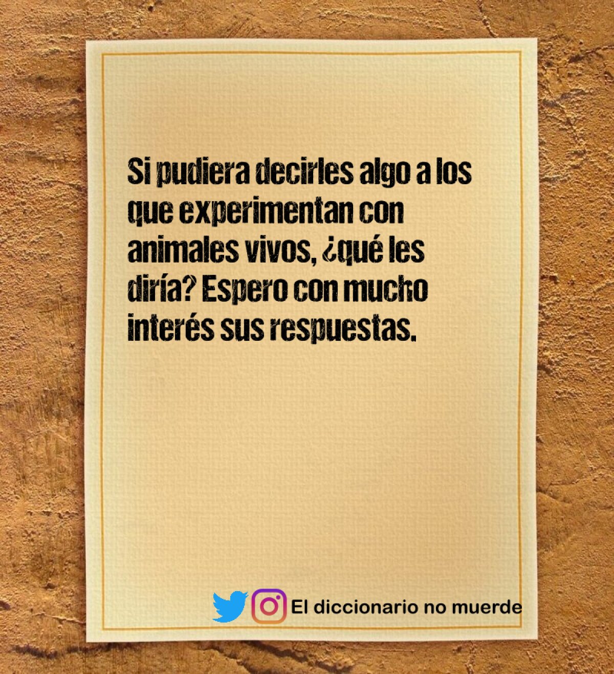 Si pudiera decirles algo a los que experimentan con animales vivos, ¿qué les diría? Espero con mucho interés sus respuestas.