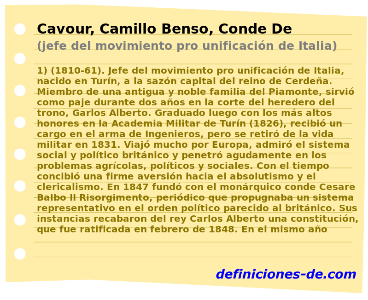 Cavour, Camillo Benso, Conde De (jefe del movimiento pro unificacin de Italia)