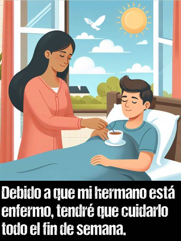 cuidarlo: Debido a que mi hermano est enfermo, tendr que cuidarlo todo el fin de semana.
