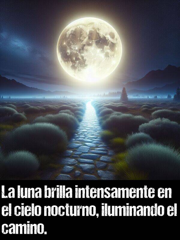 nocturno: La luna brilla intensamente en el cielo nocturno, iluminando el camino.